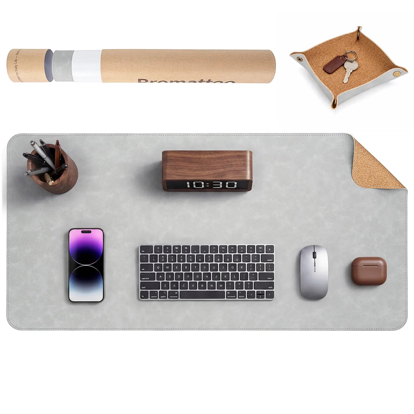 Premium Faux Leather Desk Mat & Tray Set，Innovative Cork-Look Printed Base，Gift Tube Packaging，Full-Desk Coverage，Non-Slip Desk Pad for Office Home