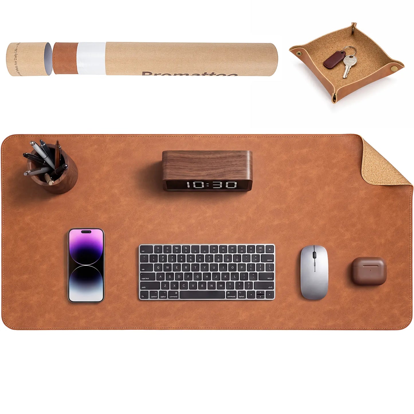 Premium Faux Leather Desk Mat & Tray Set，Innovative Cork-Look Printed Base，Gift Tube Packaging，Full-Desk Coverage，Non-Slip Desk Pad for Office Home