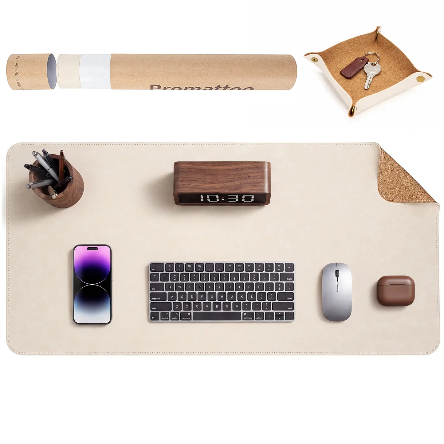 Premium Faux Leather Desk Mat & Tray Set，Innovative Cork-Look Printed Base，Gift Tube Packaging，Full-Desk Coverage，Non-Slip Desk Pad for Office Home