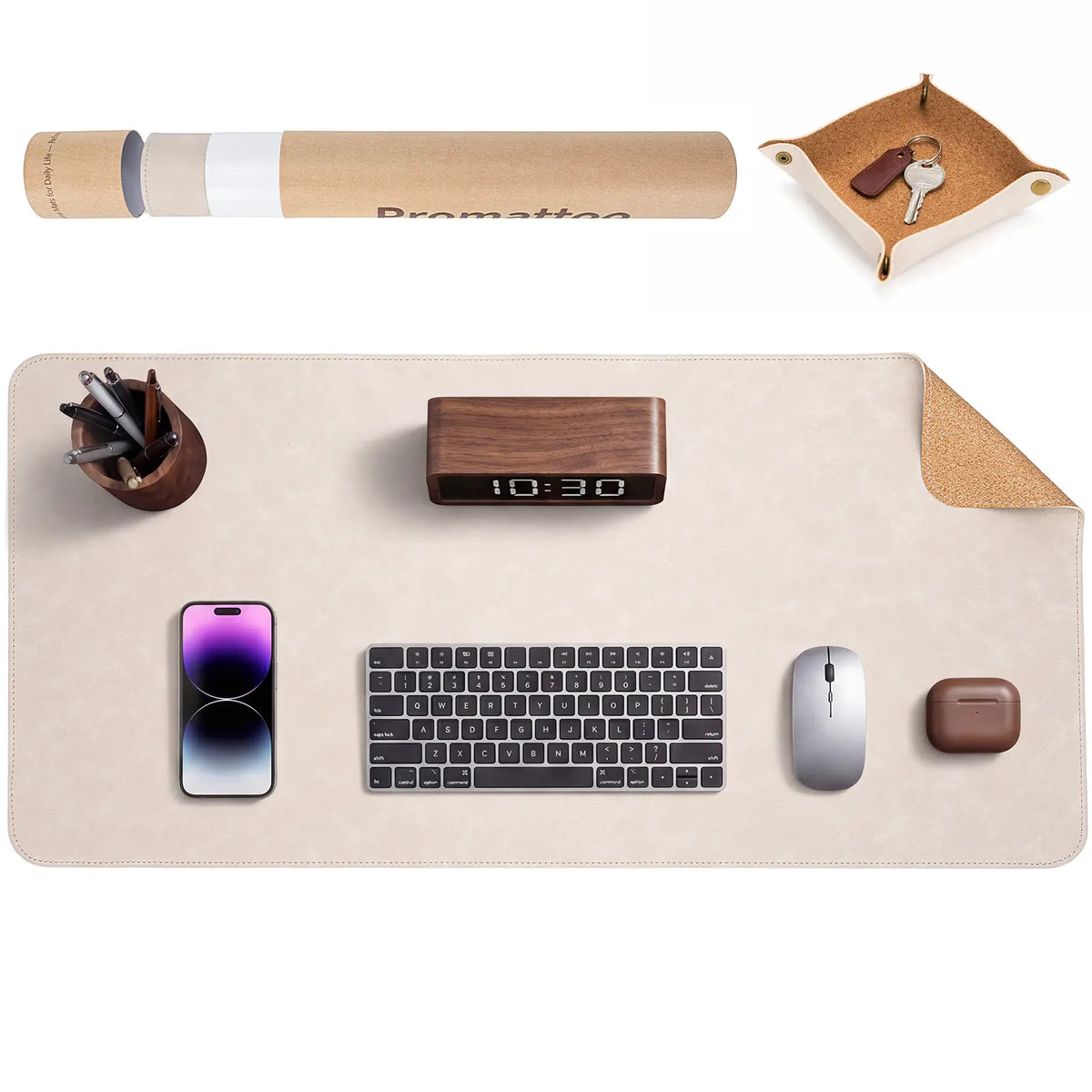 Premium Faux Leather Desk Mat & Tray Set，Innovative Cork-Look Printed Base，Gift Tube Packaging，Full-Desk Coverage，Non-Slip Desk Pad for Office Home