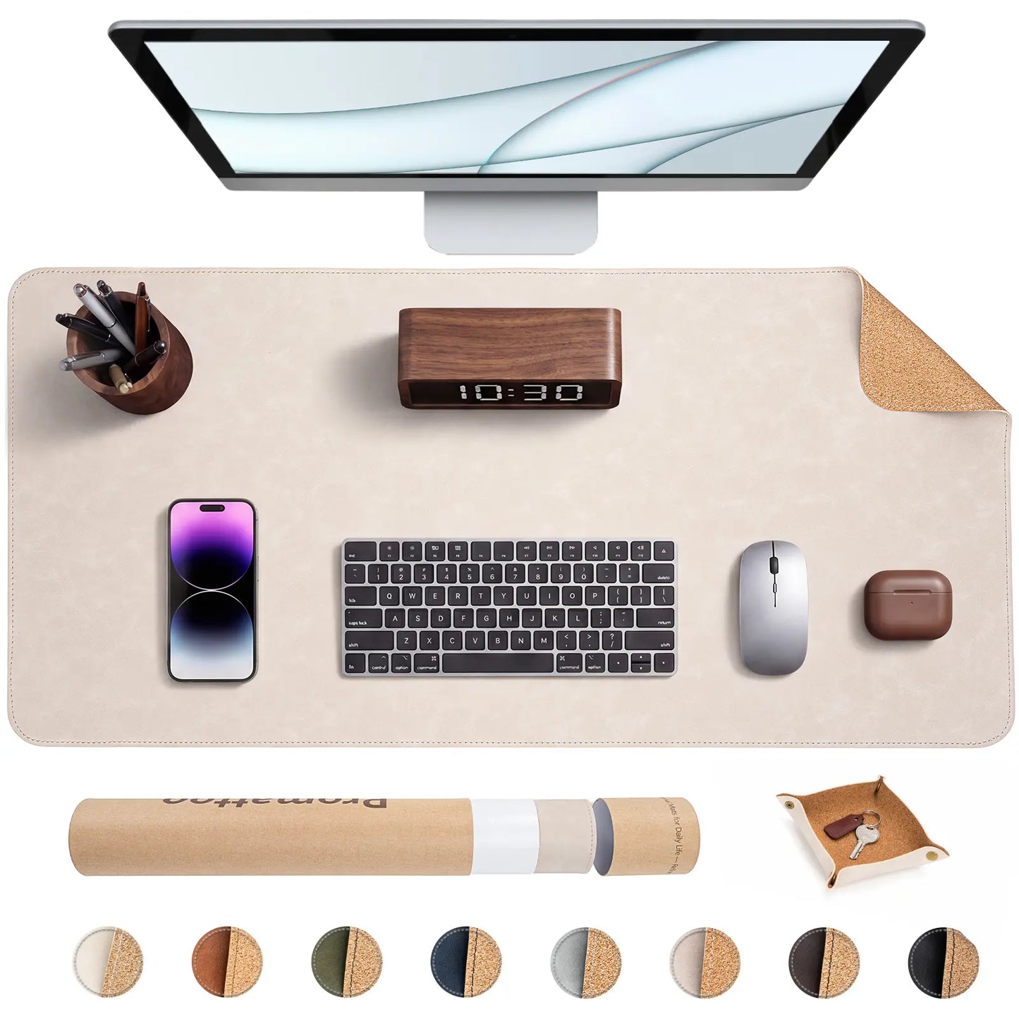 Premium Faux Leather Desk Mat & Tray Set，Innovative Cork-Look Printed Base，Gift Tube Packaging，Full-Desk Coverage，Non-Slip Desk Pad for Office Home