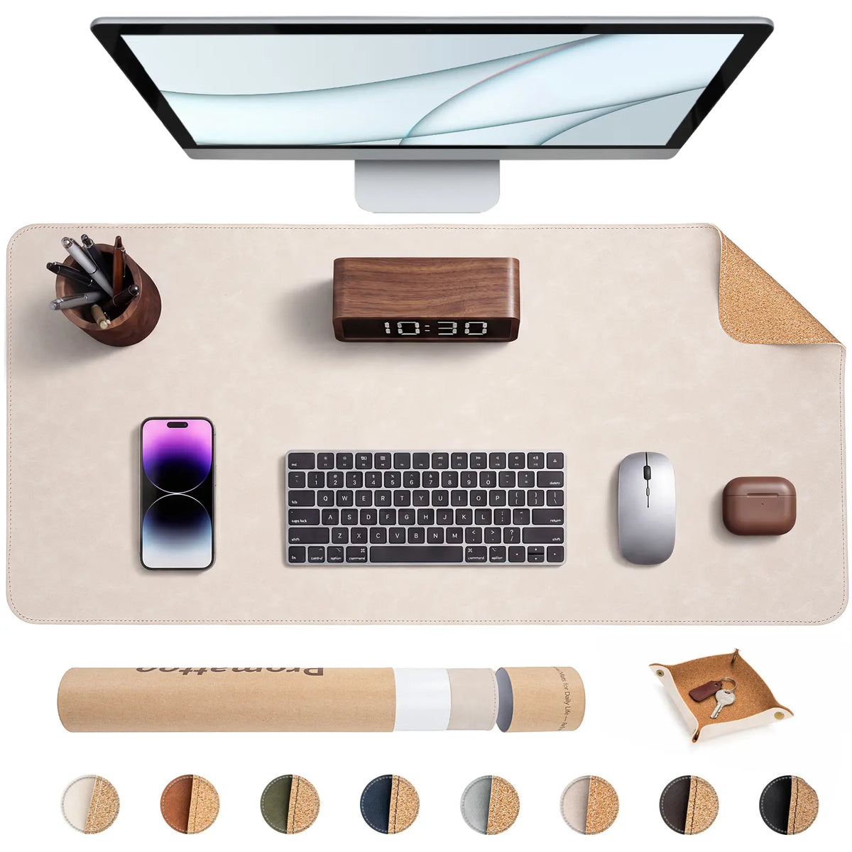 Premium Faux Leather Desk Mat & Tray Set，Innovative Cork-Look Printed Base，Gift Tube Packaging，Full-Desk Coverage，Non-Slip Desk Pad for Office Home
