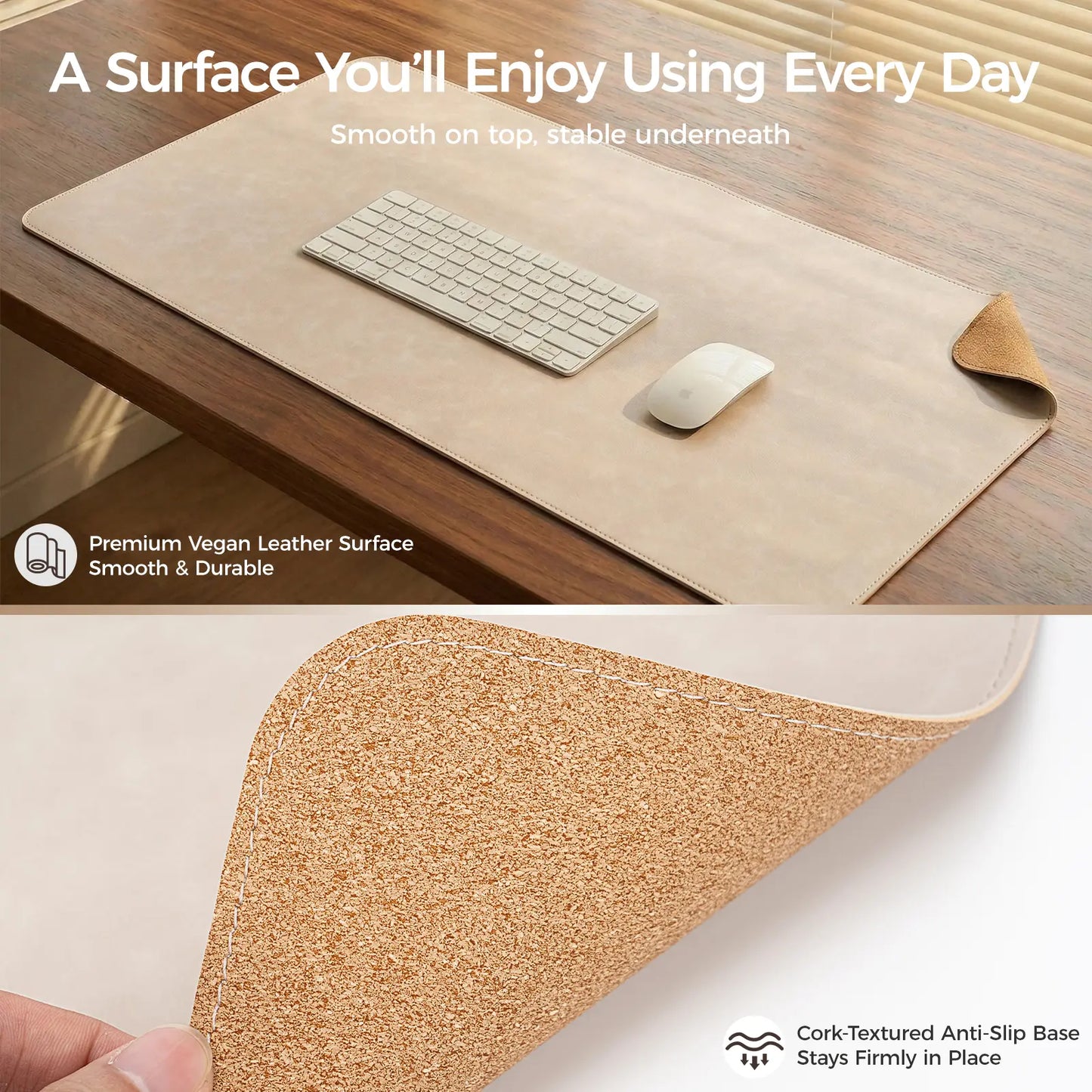 Premium Faux Leather Desk Mat & Tray Set，Innovative Cork-Look Printed Base，Gift Tube Packaging，Full-Desk Coverage，Non-Slip Desk Pad for Office Home