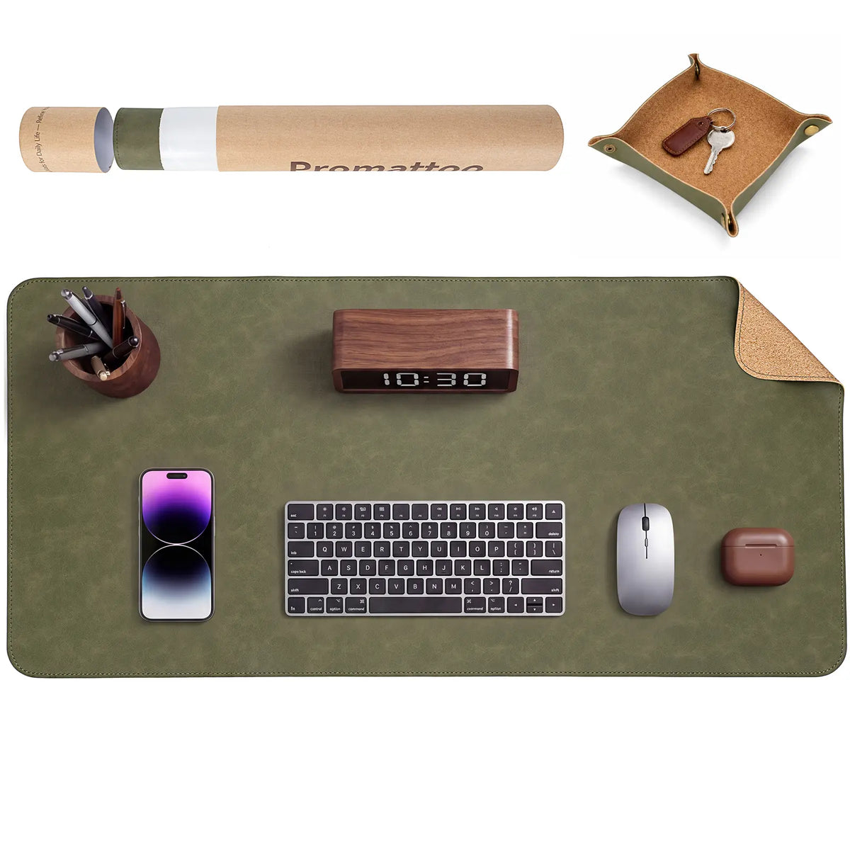 Premium Faux Leather Desk Mat & Tray Set，Innovative Cork-Look Printed Base，Gift Tube Packaging，Full-Desk Coverage，Non-Slip Desk Pad for Office Home