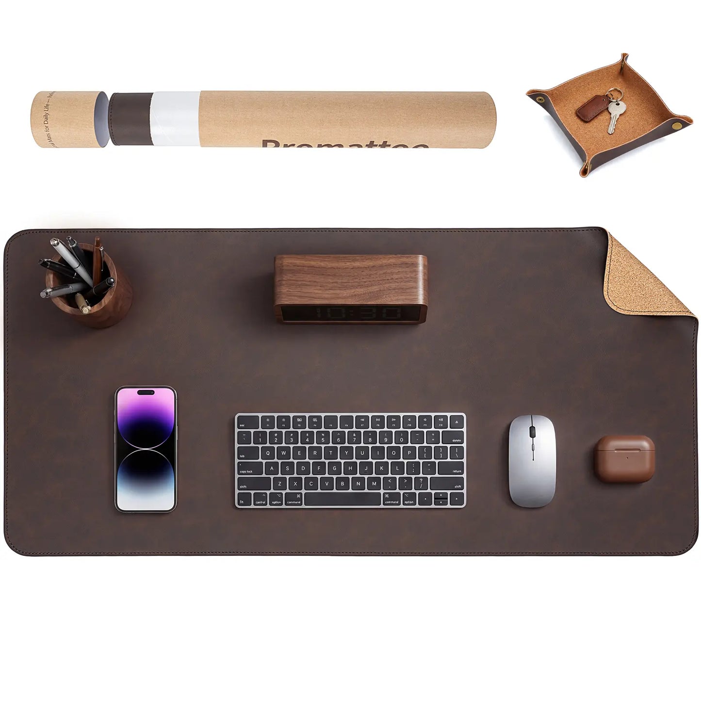 Premium Faux Leather Desk Mat & Tray Set，Innovative Cork-Look Printed Base，Gift Tube Packaging，Full-Desk Coverage，Non-Slip Desk Pad for Office Home