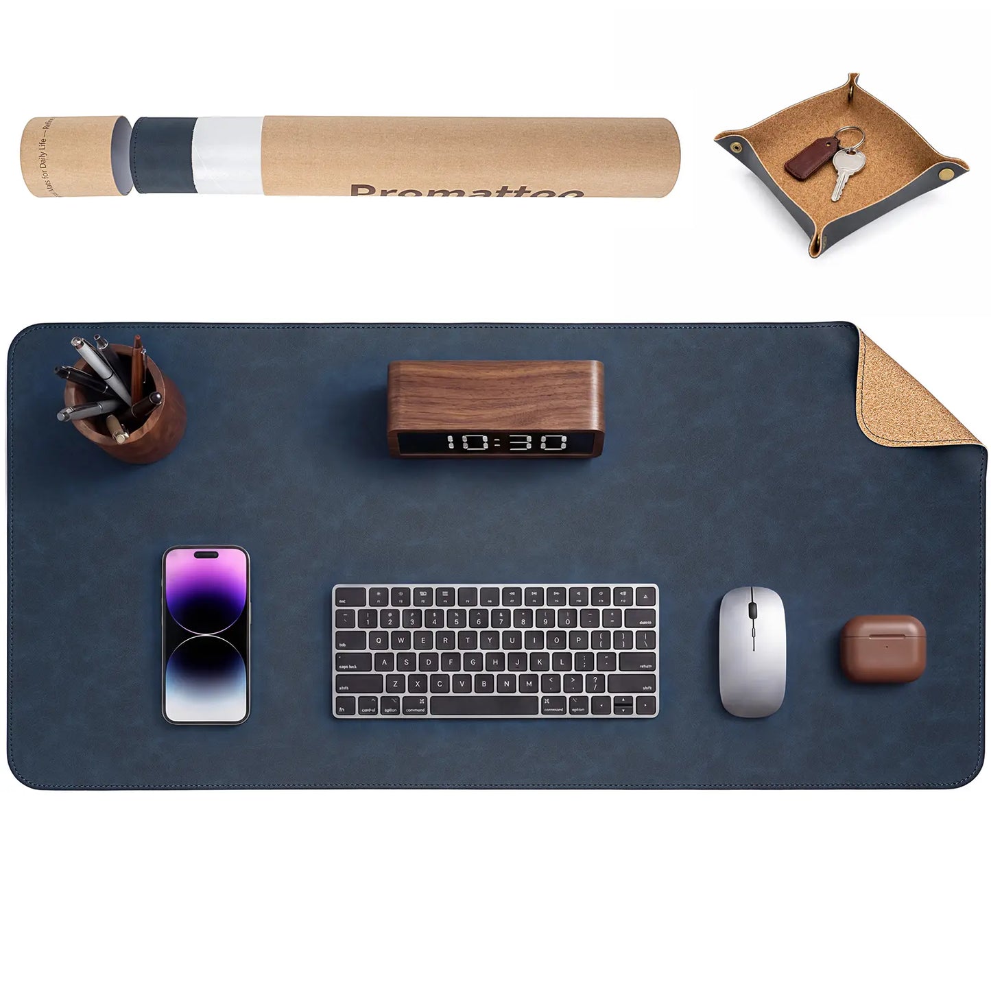 Premium Faux Leather Desk Mat & Tray Set，Innovative Cork-Look Printed Base，Gift Tube Packaging，Full-Desk Coverage，Non-Slip Desk Pad for Office Home