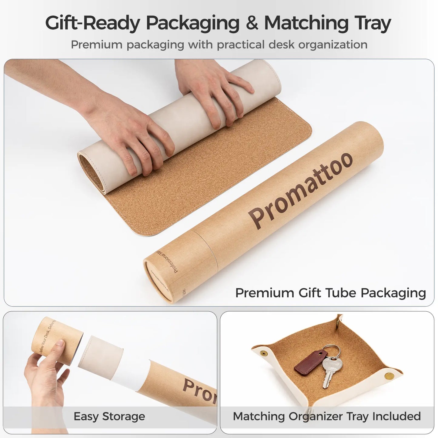 Premium Faux Leather Desk Mat & Tray Set，Innovative Cork-Look Printed Base，Gift Tube Packaging，Full-Desk Coverage，Non-Slip Desk Pad for Office Home