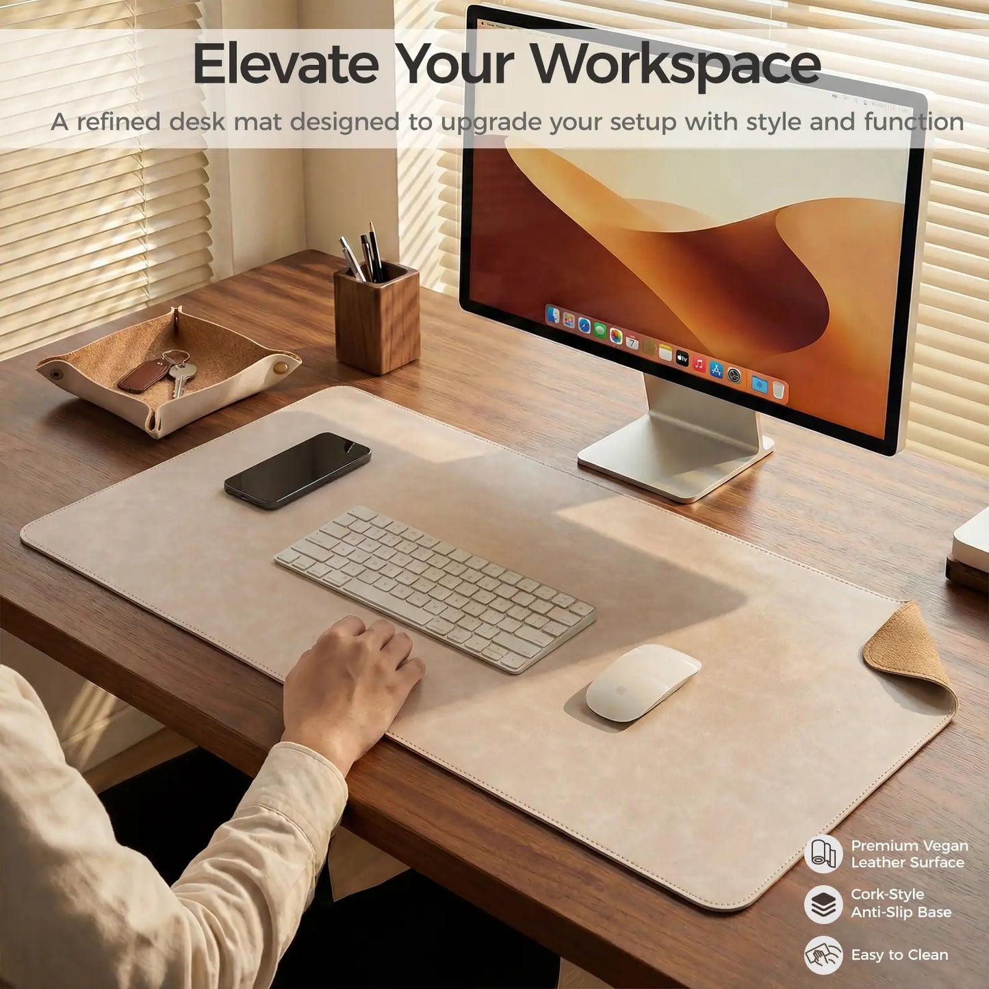 Premium Faux Leather Desk Mat & Tray Set，Innovative Cork-Look Printed Base，Gift Tube Packaging，Full-Desk Coverage，Non-Slip Desk Pad for Office Home