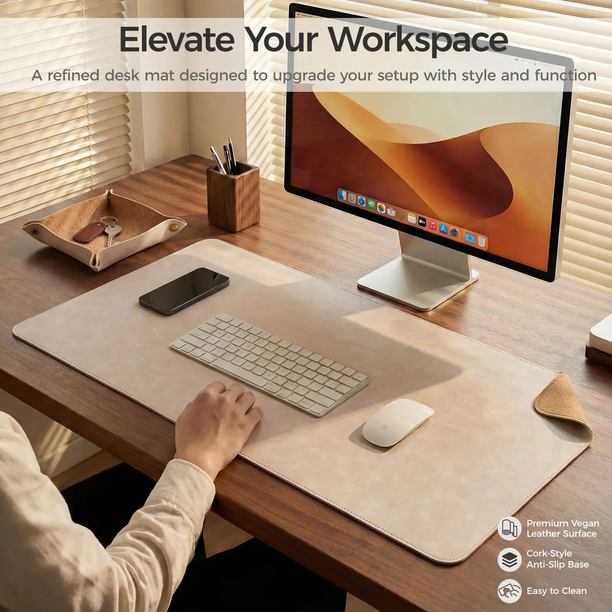 Premium Faux Leather Desk Mat & Tray Set，Innovative Cork-Look Printed Base，Gift Tube Packaging，Full-Desk Coverage，Non-Slip Desk Pad for Office Home